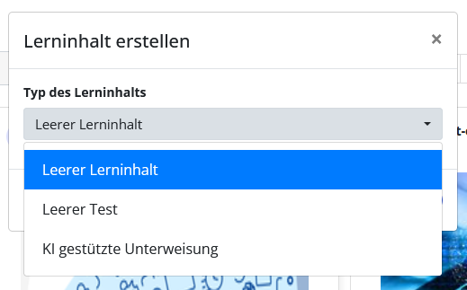 Lerninhalt erstellen Popup